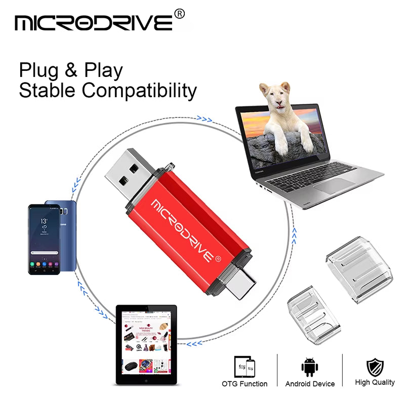 Type-C USB Flash Drive OTG 2-in-1 USB 2.0 and Micro USB Pen Drive, Available in 128GB, 64GB, 32GB, 16GB, 8GB, and 4GB Capacities