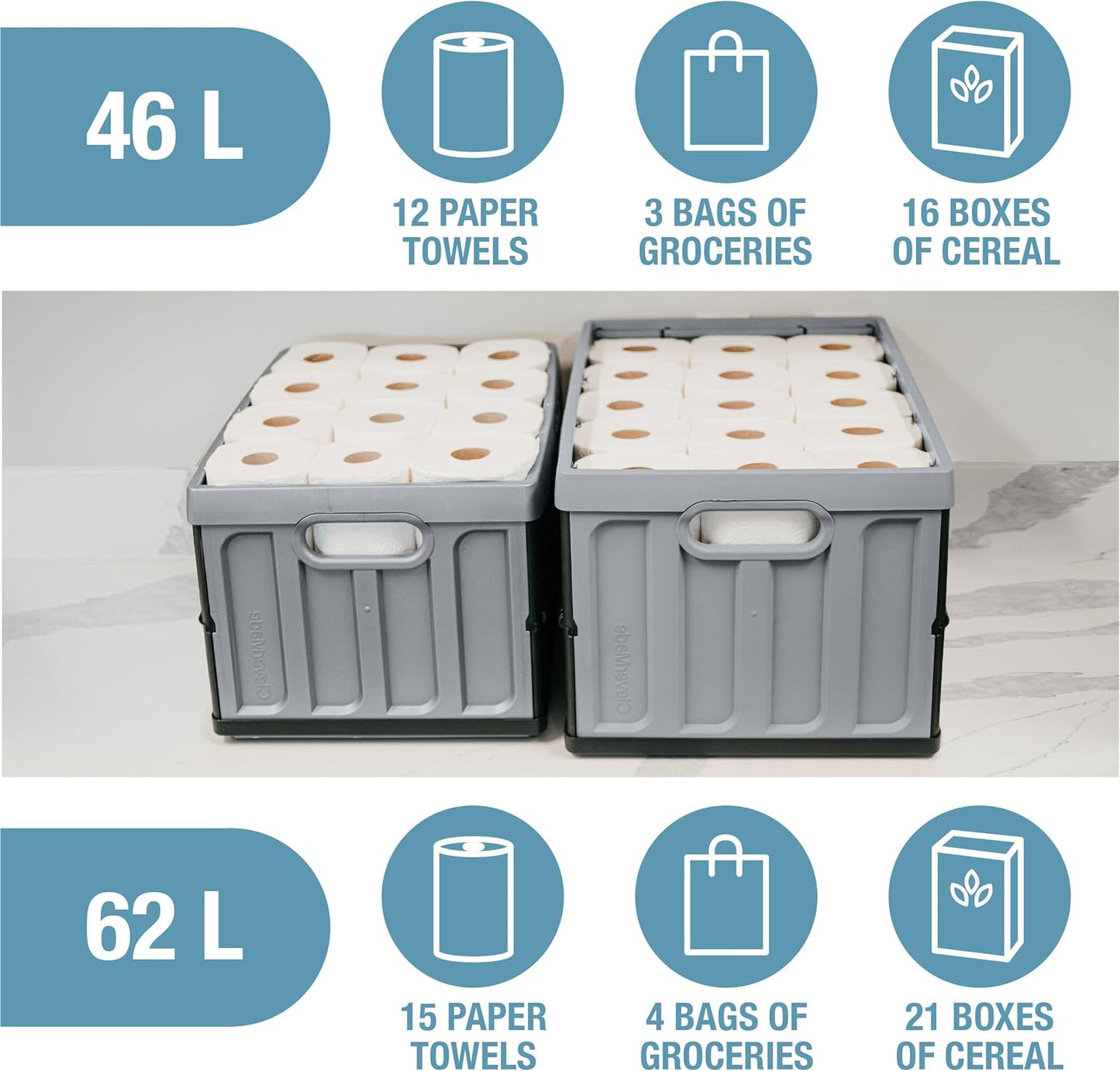 Collapsible Storage Bins with Lids (46L, 3 Pack) – Stackable Foldable Plastic Storage Crates for Home, Closet & Trunk Organization - Obsidian