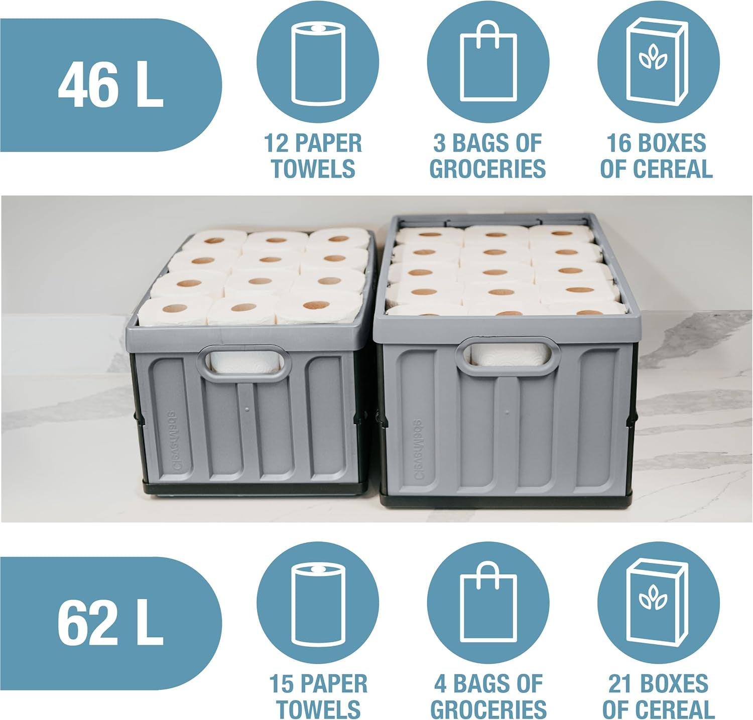 Collapsible Storage Bins with Lids (46L, 3 Pack) – Stackable Foldable Plastic Storage Crates for Home, Closet & Trunk Organization - Obsidian