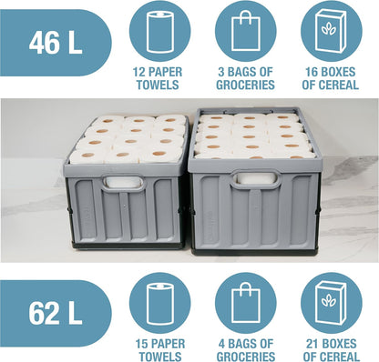 Collapsible Storage Bins with Lids (46L, 3 Pack) – Stackable Foldable Plastic Storage Crates for Home, Closet & Trunk Organization - Obsidian