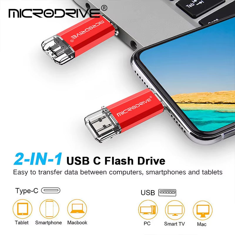 Type-C USB Flash Drive OTG 2-in-1 USB 2.0 and Micro USB Pen Drive, Available in 128GB, 64GB, 32GB, 16GB, 8GB, and 4GB Capacities