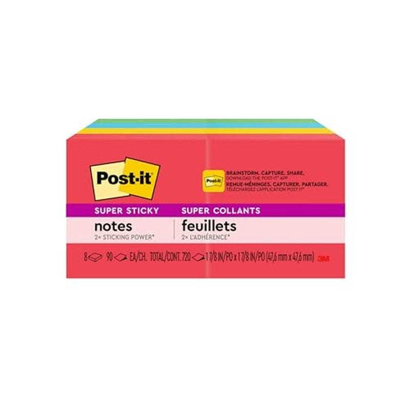 Post-It Super Sticky Notes, 2 in X 2 In, 8 Pads, 2X the Sticking Power,
