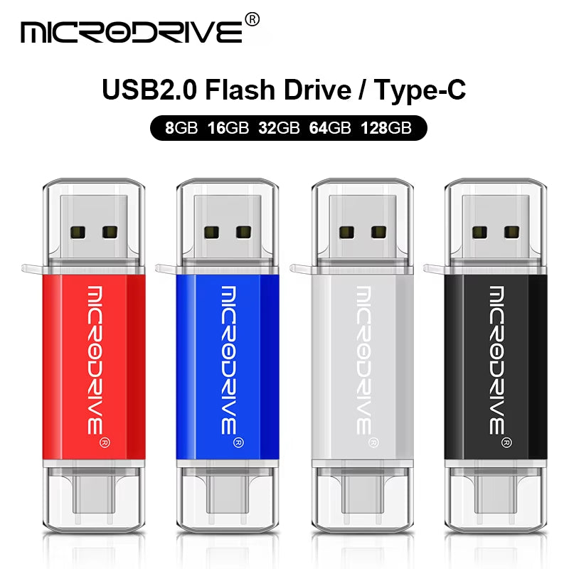 Type-C USB Flash Drive OTG 2-in-1 USB 2.0 and Micro USB Pen Drive, Available in 128GB, 64GB, 32GB, 16GB, 8GB, and 4GB Capacities