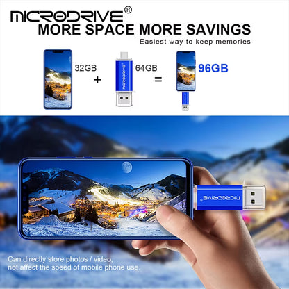 Type-C USB Flash Drive OTG 2-in-1 USB 2.0 and Micro USB Pen Drive, Available in 128GB, 64GB, 32GB, 16GB, 8GB, and 4GB Capacities