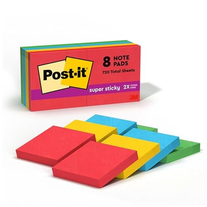 Post-It Super Sticky Notes, 2 in X 2 In, 8 Pads, 2X the Sticking Power,