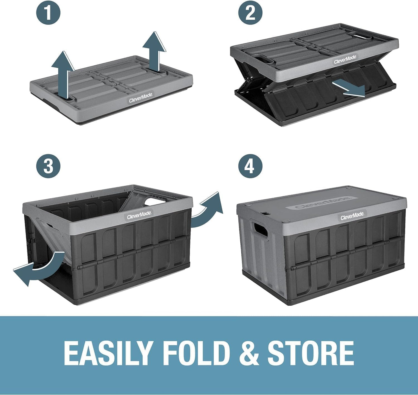 Collapsible Storage Bins with Lids (46L, 3 Pack) – Stackable Foldable Plastic Storage Crates for Home, Closet & Trunk Organization - Obsidian