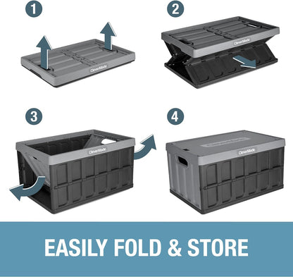 Collapsible Storage Bins with Lids (46L, 3 Pack) – Stackable Foldable Plastic Storage Crates for Home, Closet & Trunk Organization - Obsidian