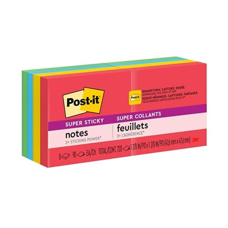 Post-It Super Sticky Notes, 2 in X 2 In, 8 Pads, 2X the Sticking Power,