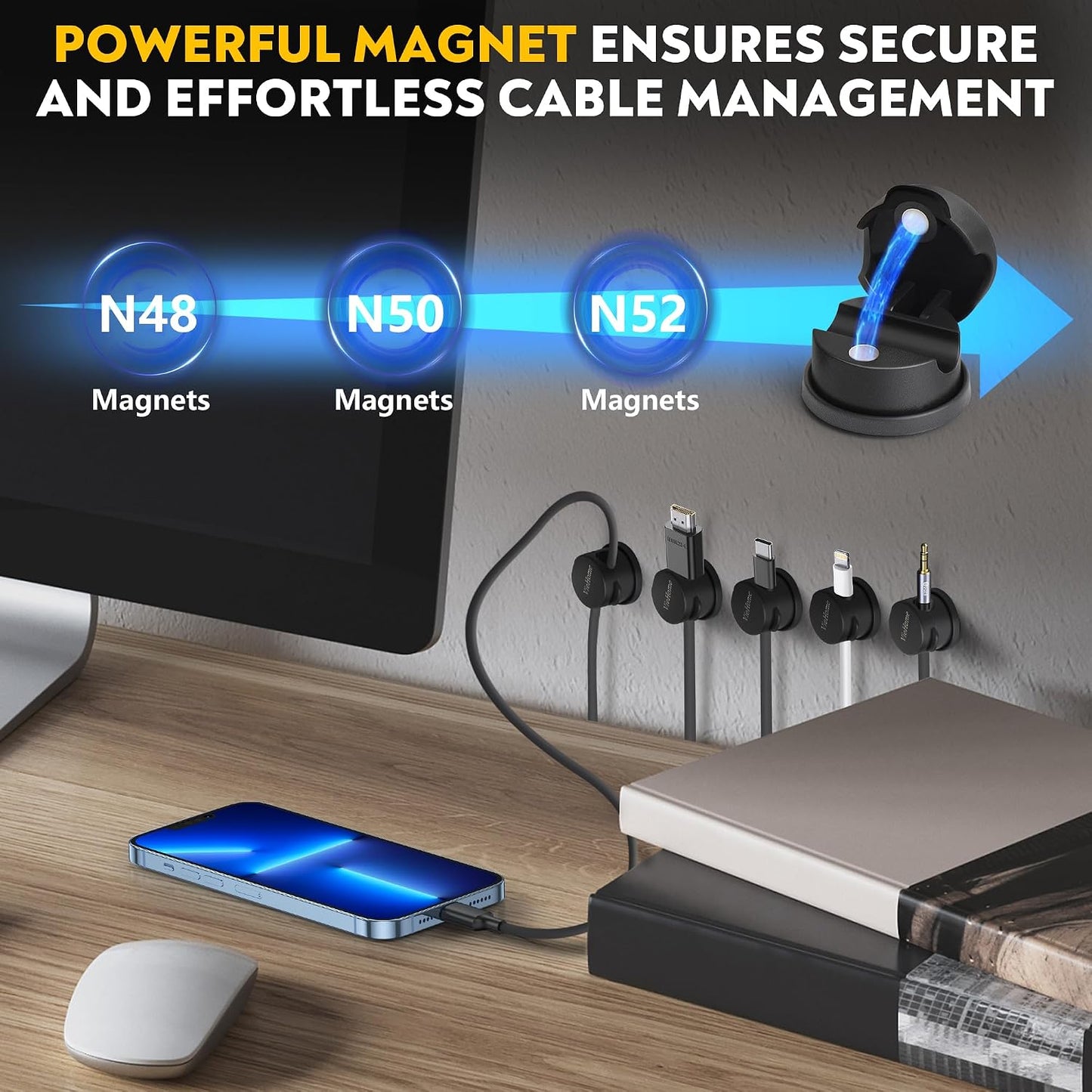 8 Pack Magnetic Cable Management Clips - Ideal Cord Holder for Nightstand, Desk, Charger Holder - Phone Cord Holder W/360 Rotation
