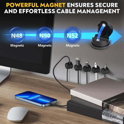 8 Pack Magnetic Cable Management Clips - Ideal Cord Holder for Nightstand, Desk, Charger Holder - Phone Cord Holder W/360 Rotation