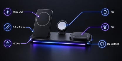Estación de Carga 3-en-1 Qi2 — iPhone · Apple Watch · AirPods