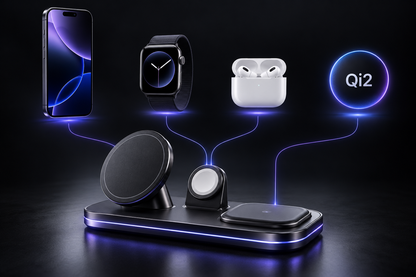 Estación de Carga 3-en-1 Qi2 — iPhone · Apple Watch · AirPods