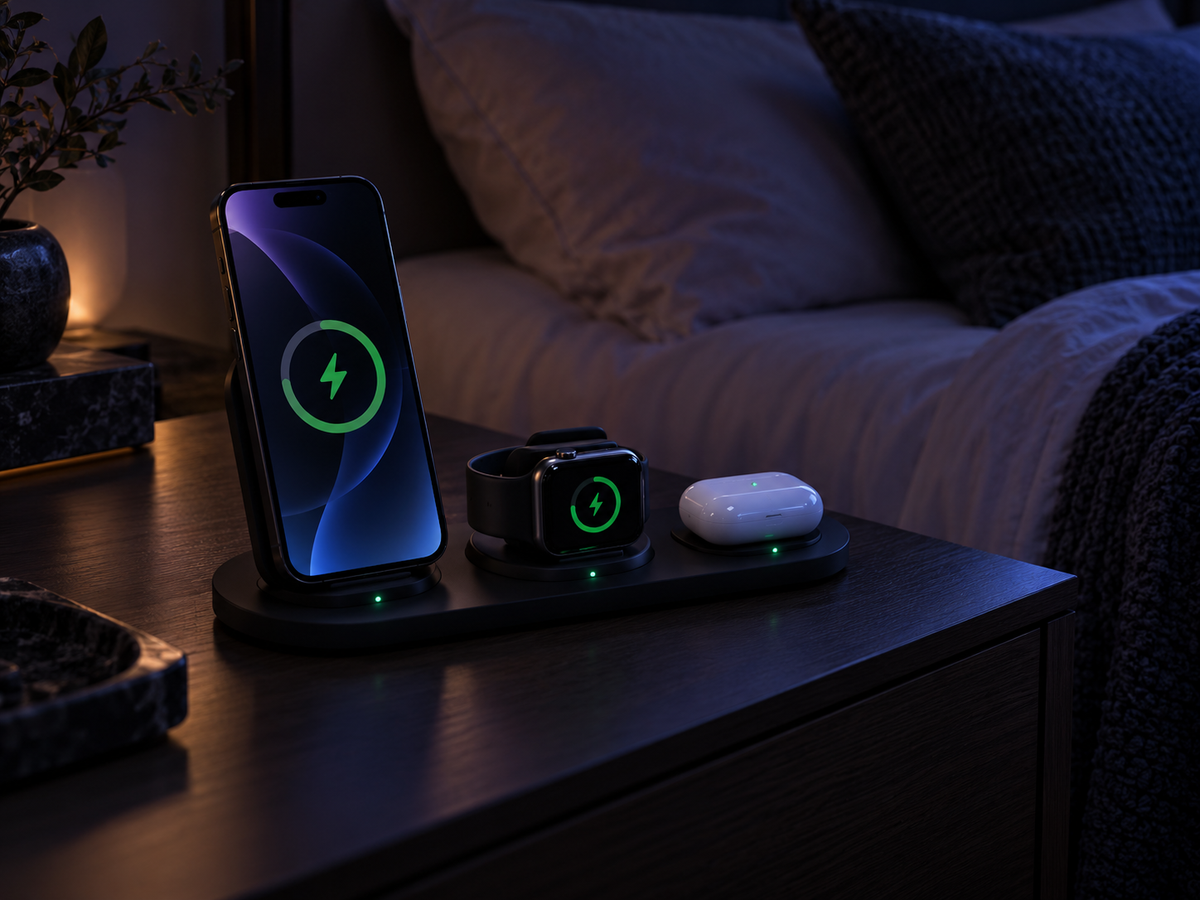 Estación de Carga 3-en-1 Qi2 — iPhone · Apple Watch · AirPods